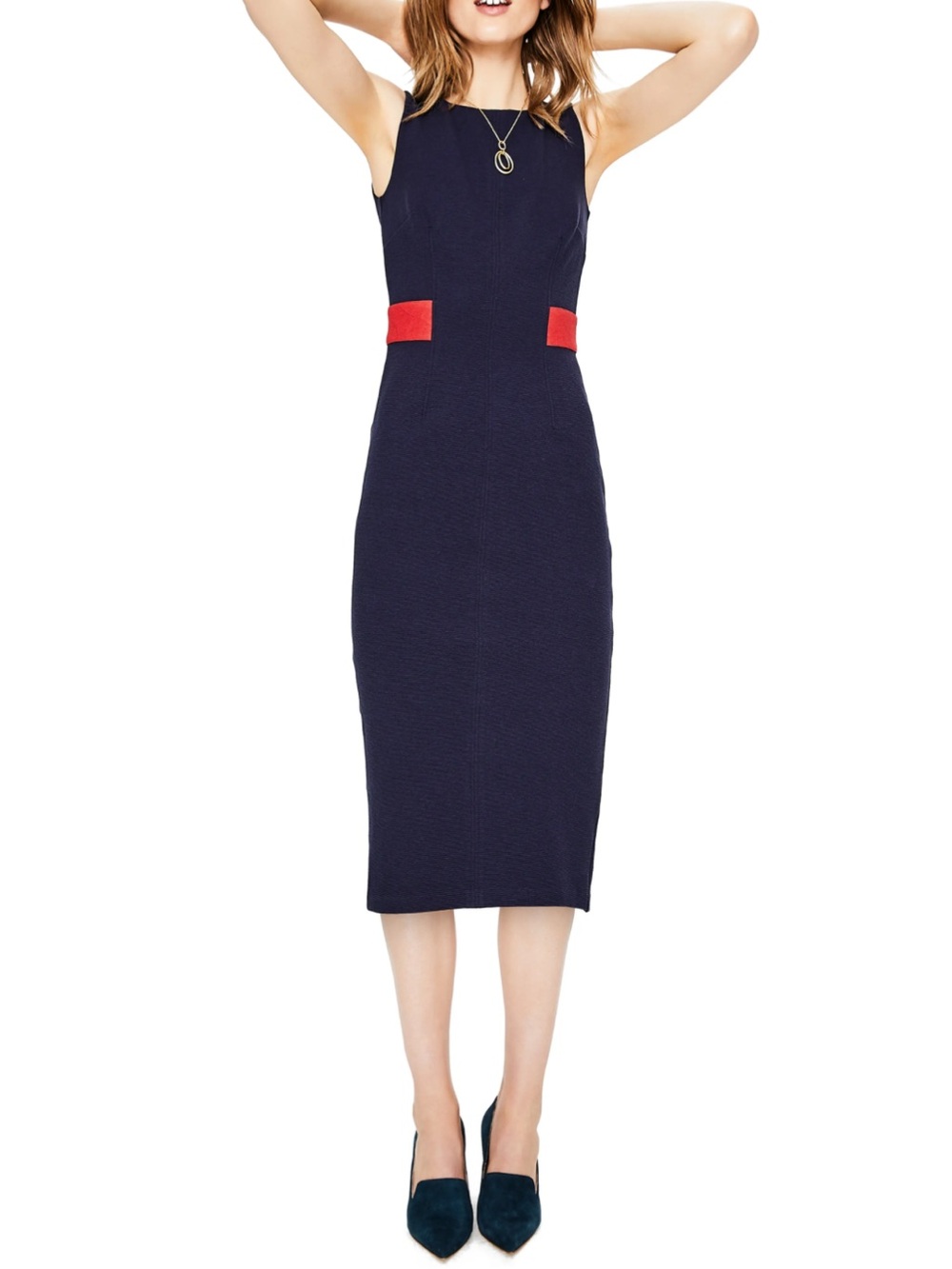 Boden Sleeveless Navy Office Girly Maisy Ottoman Sheath Dress Red Waist Accents